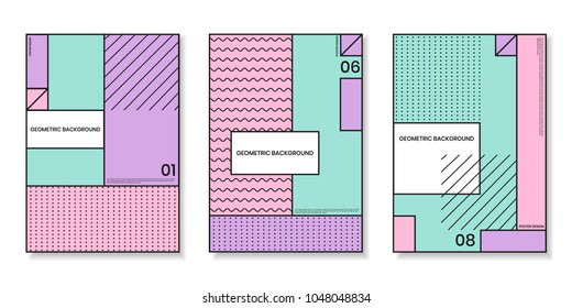Covers templates set with trendy geometric patterns with memphis elements. Modern design for placards, posters, presentations and banners.