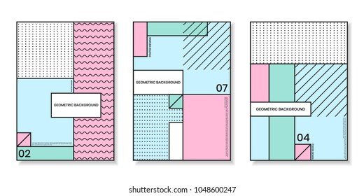 Covers templates set with trendy geometric patterns with memphis elements. Modern design for placards, posters, presentations and banners.