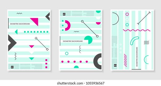 Covers templates set with trendy geometric patterns, colors and memphis elements. Modern design for placards, posters, presentations and banners.