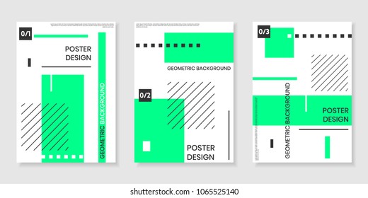 Covers templates set with trendy geometric patterns, green,black,white colors and memphis elements. Modern design for placards, posters, presentations and banners.