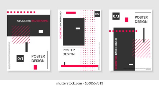 Covers templates set with trendy geometric patterns, red,black,white colors and memphis elements. Modern design for placards, posters, presentations and banners.