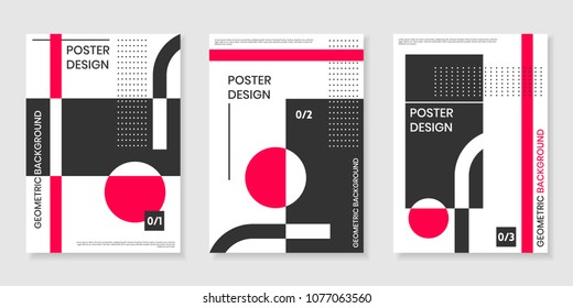 Covers templates set with trendy geometric patterns, red,black,white colors elements. Modern design for placards, posters, presentations and banners.