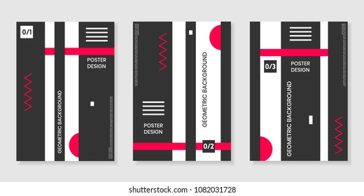 Covers templates set with trendy geometric patterns, red,black,white colors elements. Modern design for placards, posters, presentations and banners.