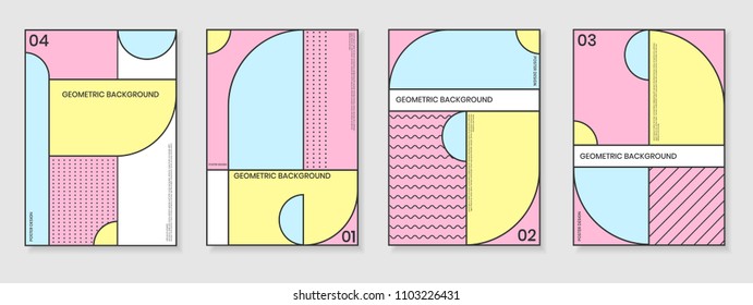 Covers templates set with trendy geometric patterns with memphis elements. Modern design for placards, posters, presentations and banners.