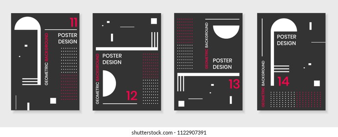 Covers templates set with trendy geometric patterns, red,black,white colors elements. Modern design for placards, posters, presentations and banners.