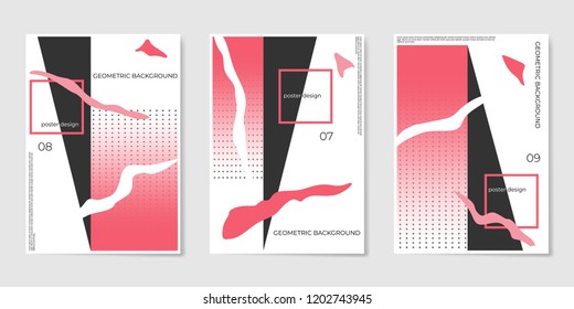 Covers templates set with trendy geometric patterns, red,black,white colors elements. Modern design for placards, posters, presentations and banners.