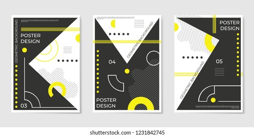 Covers templates set with trendy geometric patterns, yellow,black,white colors and memphis elements. Modern design for placards, posters, presentations and banners.
