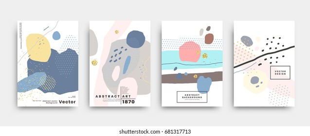 Covers templates set with trendy geometric patterns, colors and memphis retro elements. Modern design for placards, posters, presentations and banners. Vector illustrations.