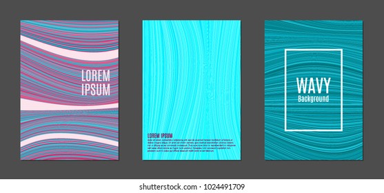 Covers Templates Set with Wavy Lines in Modern Style. Wavy Cover for Placards, Brochures, Posters, Magazine, Banners, Posters. Wavy Stripes in Blue and Pink Colors. Trendy Abstract Pastel Background. 