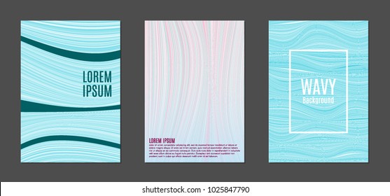 Covers Templates Set with Wavy Lines in Modern Style. Wavy Cover for Placards, Brochures, Posters, Magazine, Banners, Posters. Wavy Stripes in Blue and Pink Colors. Trendy Abstract Pastel Background. 