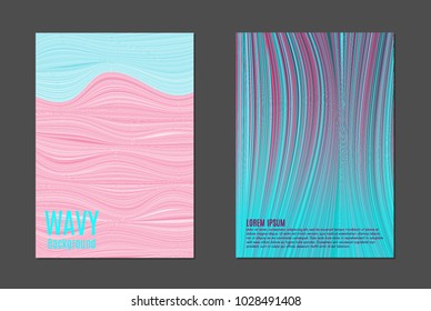 Covers Templates Set with Wavy Lines in Modern Style. Wavy Cover for Placards, Brochures, Posters, Magazine, Banners, Posters. Wavy Stripes in Blue and Pink Colors. Trendy Abstract Pastel Background.