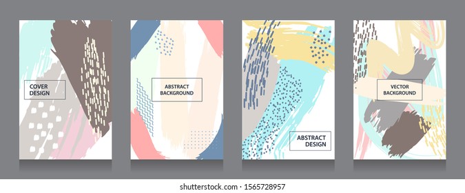 Covers templates. Trendy 80s-90s pop art style. Memphis pattern. Hipster style flat geometric design elements for voucher, placard, brochure, poster, cover and banners. Pastel color. Color ink brush