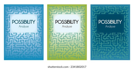 Covers, three in collection. Labyrinth design. A4 dimension. Vector illustration.