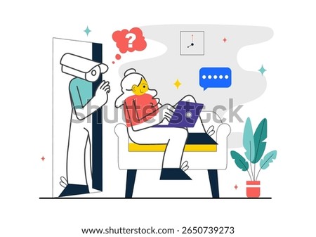 Covert Surveillance Vector Illustration Featuring the Act of Observing and Recording Individuals Without Their Knowledge in a Flat Background
