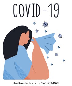 Covid 19. chinese Novel coronavirus (2019-nCoV). woman with pneumonia,   allergy, fever, cedar pollen allergy, symptoms, flu, cold. Trendy flat vector illustration. Isolated on white