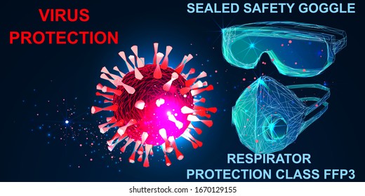 Covid 19. Choosing the correct mask. Safety Goggle and Respirator with protection classes FFP3. Concept health safety protection coronavirus epidemic 2019 nCoV. Low poly wireframe style. Vector