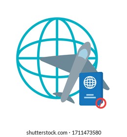 concepto de Convid 19, esfera global con avión y pasaporte sobre fondo blanco, diseño colorido, ilustración vectorial