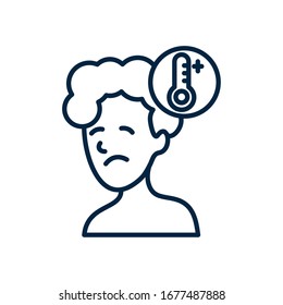 covid 19 concept of sad man with fever icon over white background, line style, vector illustration