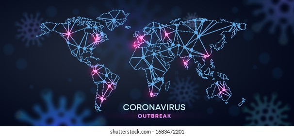 covid 19 contamination with towards the world map and contaminated spot coronavirus health care banner infection of polygons world chart line map danger medicine eruption world colorful background sce