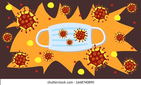 Covid 19 or Corona virus cells or bacteria with mask for protect your health, Breath, vector illustration, at 2019 in Wuhan China