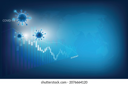 The Covid 19 Or Corona Virus Impacts Crisis And Loss The Global Economy And Financial Business.the Coronavirus Weakens The Economy.bar Graph Decline Pattern On Blue Background