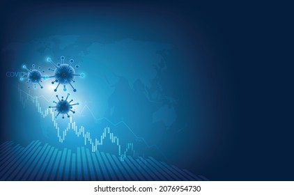 Das Covid-19-Virus oder Corona-Virus beeinflusst Krise und Verlust der Weltwirtschaft und Finanzwirtschaft.das Coronavirus schwächt die Wirtschaft.bar Graphen Niedergang Muster auf blauem Hintergrund