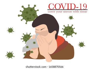 Covid 19 corona virus a man cover him sneeze with tissue vector illustration