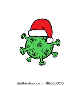 Covid 19. Corona virus microbe with Santa hat. Hand drawn sketch. Coronavirus doodle. Vector