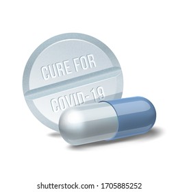 COVID 19 Coronavirus Cure drug concept in one tablet. Concept for antiviral drug for new corona virus. Medication pharmaceutical for Corona treatment. Close up concept for Covid Cure