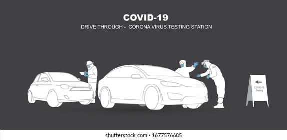 covid 19, coronavirus drive through. 
drive medical center. coronavirus drive thru testing illustration.