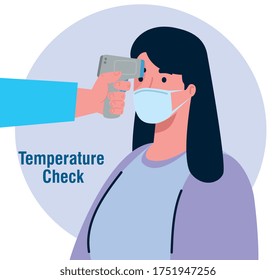 covid 19 coronavirus, hand holding infrared thermometer to measure body temperature, woman check temperature vector illustration design