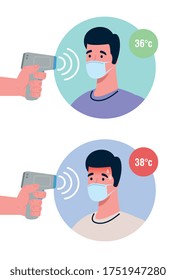 Covid 19 Coronavirus, Hands Holding Infrared Thermometers To Measure Body Temperature, Men Check Temperature Vector Illustration Design