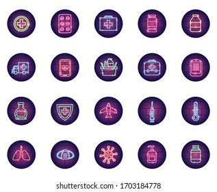 covid 19 or coronavirus icon set over white background, neon style, vector illustration