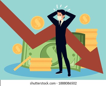 covid 19 coronavirus impact, businessman bankrupt finance and economy crisis global vector illustration