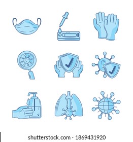 covid 19 coronavirus investigation and prevention icons set vector illustration blue