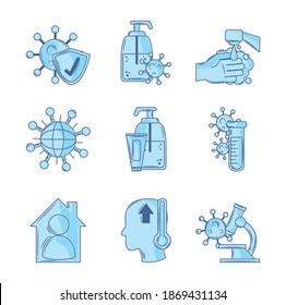 covid 19 coronavirus investigation research science icons vector illustration blue