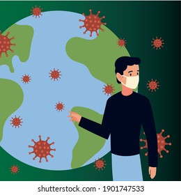 covid 19 coronavirus, man with mask and world map crisis outbreak vector illustration
