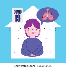 covid 19 coronavirus pandemic, character in house with cough pneumonia vector illustration