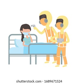 covid 19 coronavirus pandemic, doctors with protective suits and patient checking temperature quarantine vector illustration