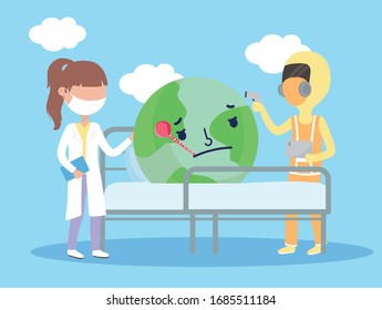 covid 19 coronavirus pandemic, female and male doctors consult world in bed with thermometer vector illustration