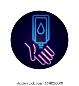 covid 19 coronavirus pandemic hand sanitizer hygiene prevention vector illustration neon style icon