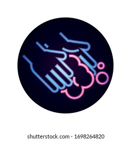 covid 19 coronavirus pandemic prevention washing hands vector illustration neon style icon