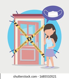 covid 19 coronavirus pandemic, worried woman without mask in home quarantine vector illustration