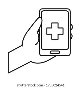 covid 19 coronavirus prevention hand with smartphone medical app vector illustration line style icon