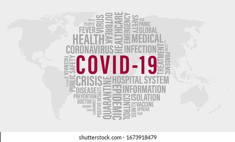 COVID 19 Or Coronavirus Word Cloud With Red COVID-19 Words And Grey Word Tag On World Map Background.  Abstract Concept 2020 Coronavirus Disease. 