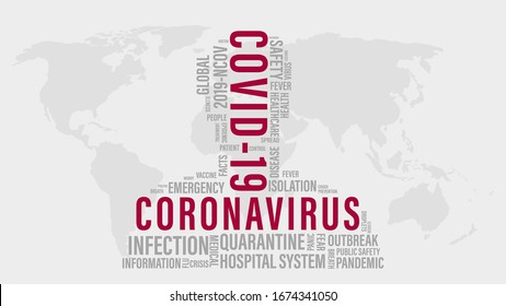 COVID 19 And Coronavirus Word Cloud With Red COVID-19 Words And Grey Word Tag On World Map Background.  Abstract Concept 2020 Coronavirus Disease. 
