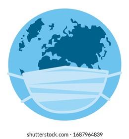 Covid 19. Coronovirus. Masked blue planet saved from coronovirus Vector masked illustration, isolate,