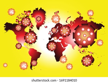 Covid 19. Coronovirus on the Earth. Stop coronovirus in the world, Red map of the world in the virus. Vector, illustration, yellow background
