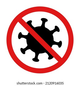 Covid 19 crossed out with a red sign. Virus black vector icon overlined with red stop sign. Vector clipart isolated on white background.