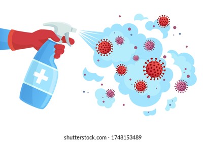 Covid 19 disinfection. Sanitizer spray, sprayed disinfectant kill bacteria and virus. Coronavirus protection concept vector illustration. Disinfectant bacteria, covid-19 virus, protection disinfection